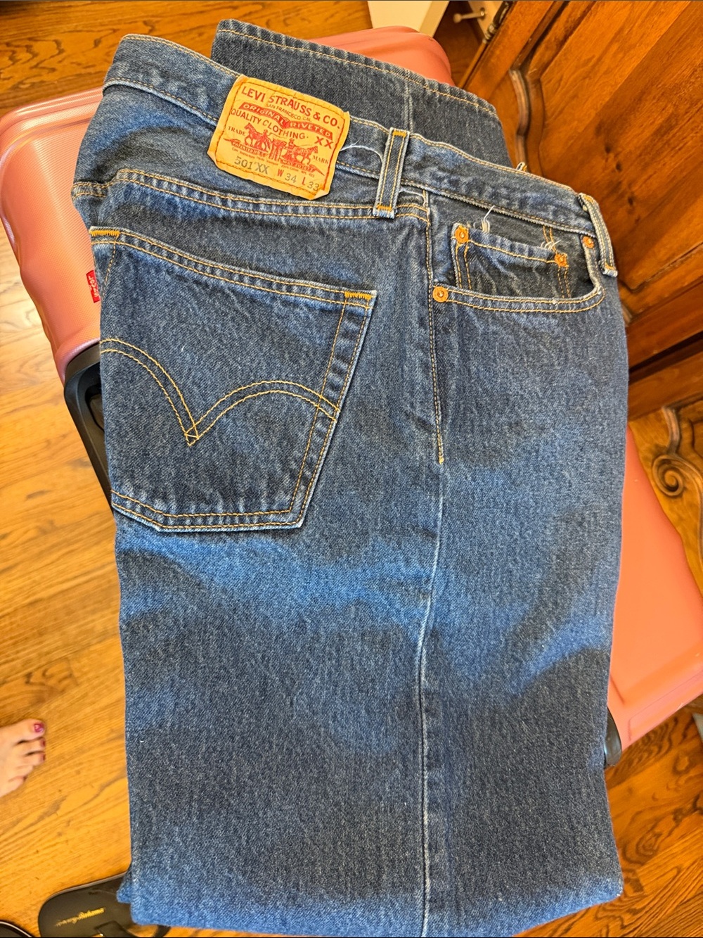 Levi's Men's Blue Straight Leg Jeans with Tan Patch